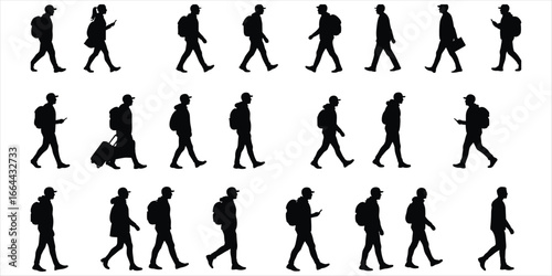 Silhouettes of people walking with backpacks and phones on white background Keywords: walking, people