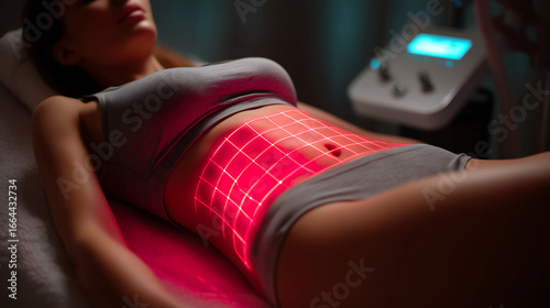 Woman getting slimming treatment in infra red non invasive laser grid device on abdominal muscles in wellness spa clinic, Laser lipo session for fat sculpting with advanced technology
