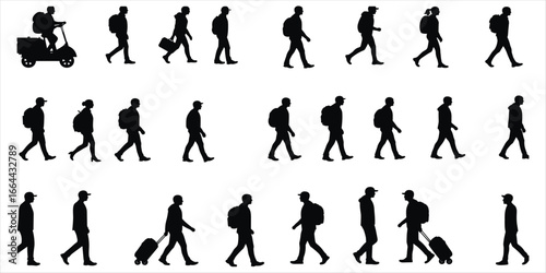 Silhouettes of people walking with scooters, backpacks, and luggage on white background Keywords