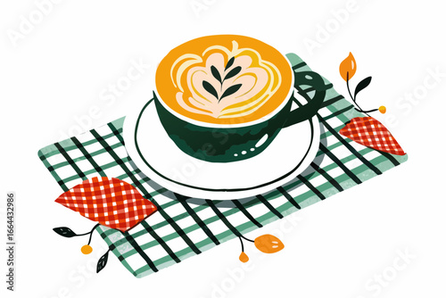 Artistic Latte Art and Coffee Cup with Autumn Leaves on a Checkered Tablecloth - A Cozy Seasonal Illustration