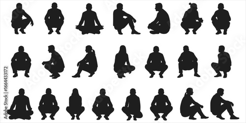 Twenty- One Seated Human Silhouettes in Various Poses Against White Background sitting people