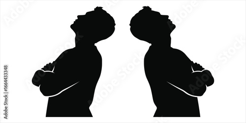 Two men silhouettes with arms crossed looking up on white background male people