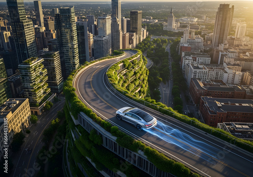 Modern Electric Car Driving on Curved Urban Road