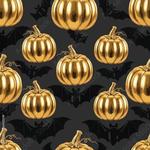 Seamless Pattern, Halloween seamless pattern with gold pumpkins and black bats illustration Stock royalty free