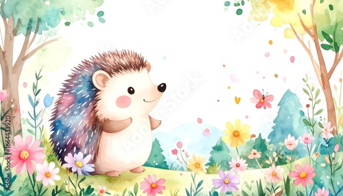 A cute hedgehog stands in a whimsical watercolor garden, surrounded by colorful flowers and butterflies