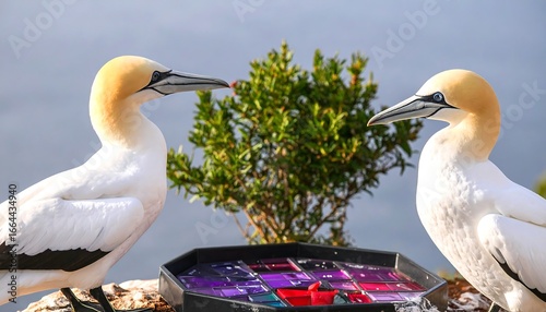 Two elegant gannets stand alert, observing a colorful display, showcasing their attentive postures against a backdrop of a tranquil coastal scene.