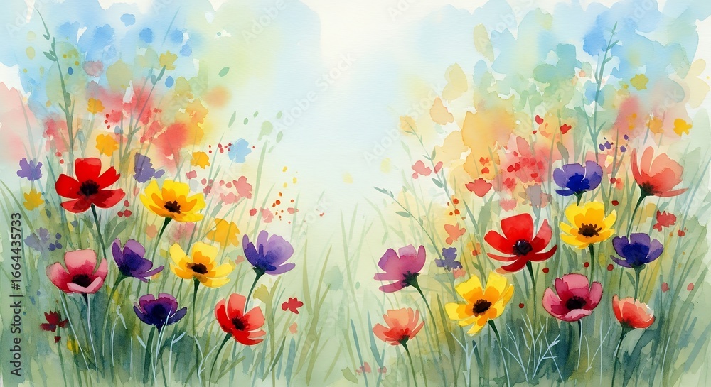 Obraz premium Colorful Wildflowers Watercolor Painting Summer Meadow Floral Landscape Artistic Background Design