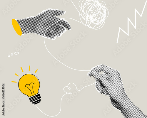 Halftone hands help unravel the tangle of problems and come up with a simple light bulb idea,trendy collage elements,  problems, difficulties, finding a solution concept