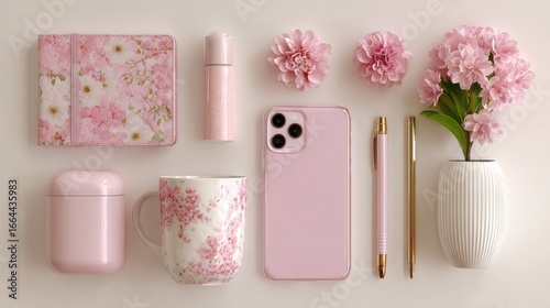 Pastel pink stationery and accessories arranged on white surface