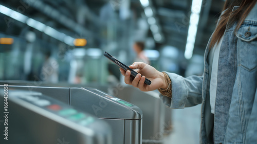 Close up hand of a person using contactless payment for subway ticket via smartphone at the gate in train station. Contactless technology and commuter people concept
