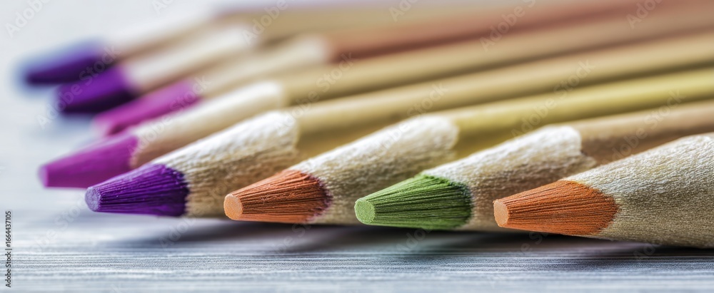 Fototapeta premium [The colored pencils arranged in a shallow diagonal row on textured wooden surface]
