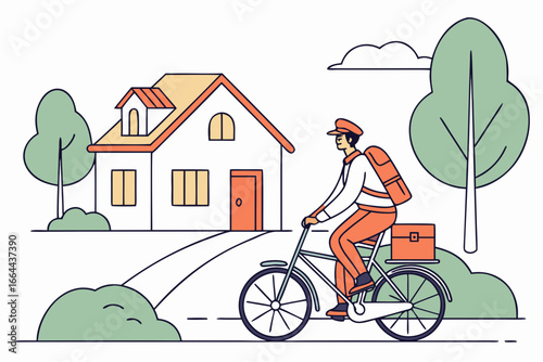 Village postman delivering letters on a bicycle, modern flat illustration style.