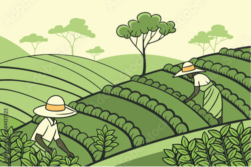 A lush tea plantation in Sri Lanka, with rolling green hills and workers in wide-brimmed hats, modern flat illustration style.