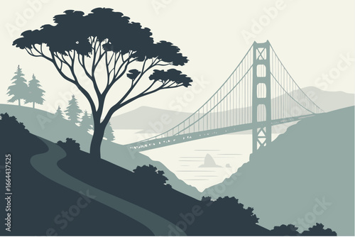 A foggy morning in San Francisco, USA, with the Golden Gate Bridge emerging from the mist, modern flat illustration style.
