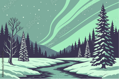 A frozen river in Lapland, Finland, reflecting the glow of the northern lights, modern flat illustration style.