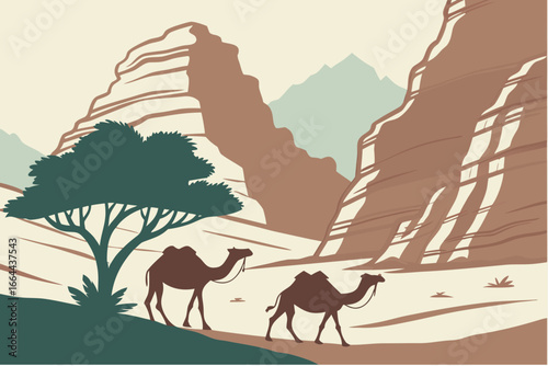 A peaceful desert scene in Wadi Rum, Jordan, with towering sandstone cliffs and camel silhouettes, modern flat illustration style.
