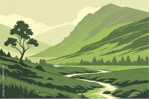 A misty morning in the Scottish Highlands with rolling green hills and a winding river, modern flat illustration style.