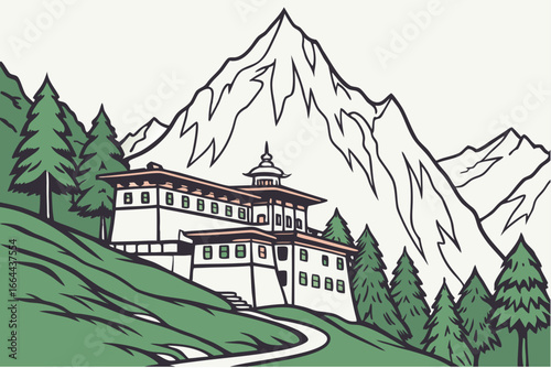 A peaceful monastery in Bhutan nestled in the Himalayan mountains, modern flat illustration style.