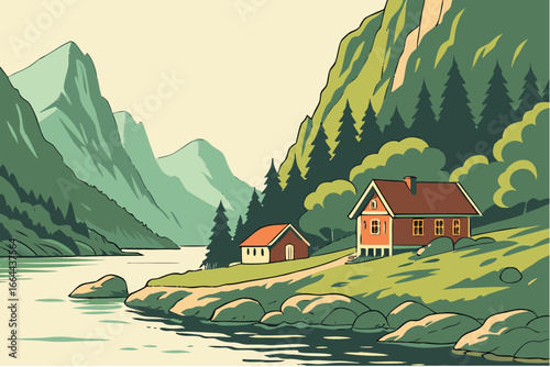 A picturesque fjord in Norway with small houses along the shoreline, modern flat illustration style.