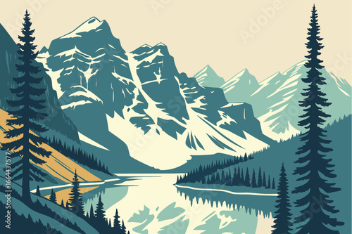 A secluded mountain lake in Banff National Park, Canada, surrounded by snow-capped peaks, modern flat illustration style.