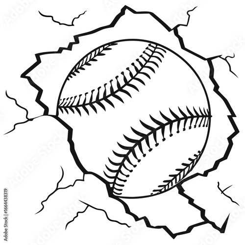 Baseball breaking through a cracked surface with visible stitches and jagged edges in black and white style created with generated ai