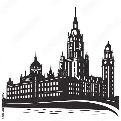 Silhouette of a large complex building with towers and domes on a horizon line with watermarks nearby created with generated ai