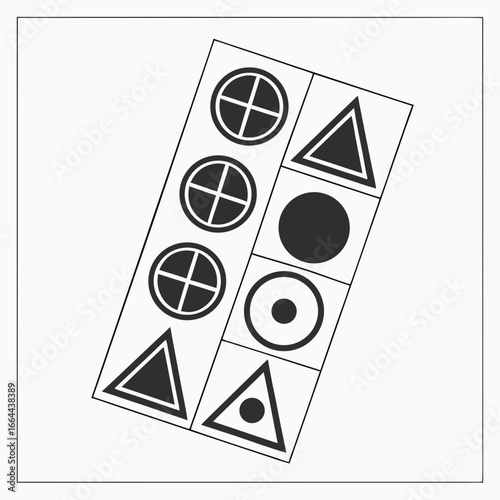 Geometric shapes arrangement in a grid with circles triangles and circle with crosshairs patterns design created with generated ai