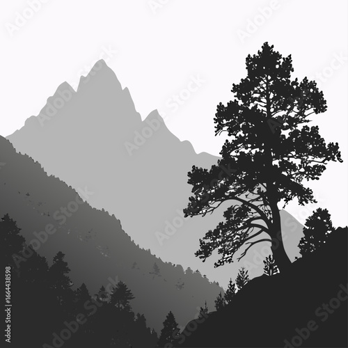 Silhouette of a tree on a hill with mountains in the background creating a scenic landscape view created with generated ai