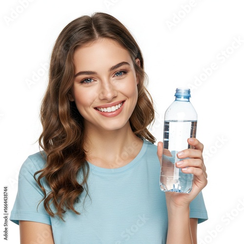 Smiling woman holding a clear plastic water bottle against a white background