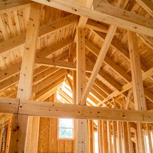 Interior wooden roof frame of a house under construction
