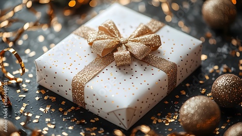 Festive white gift box with golden bow and glitter