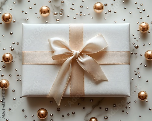 Elegant gift box with ribbon on shimmering background