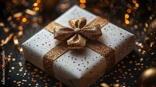 A beautifully wrapped holiday gift box with a golden bow and scattered glitter  long title A festive white gift box decorated with a shimmering