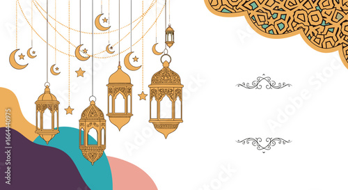 Beautiful islamic celebration decorations featuring hanging lanterns crescent moons and stars adorning festive occasion with ornate patterns