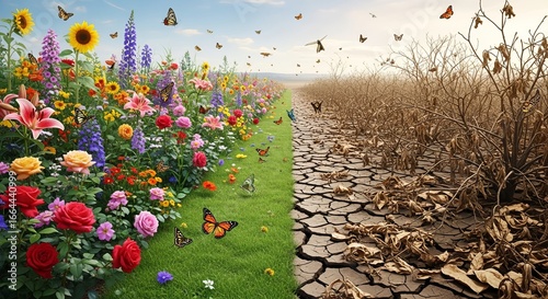 Fototapeta Naklejka Na Ścianę i Meble -  Vibrant nature vs. arid land shows stark contrast, symbolizing environmental change