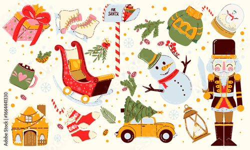 Christmas sticker collection. Cute set of winter new year elements. Holiday gifts, santa, christmas tree, coziness. Holiday seasonal vector illustrations in retro groovy style