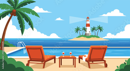 Tropical island paradise with beach chairs and swimming pool overlooking the ocean and lighthouse