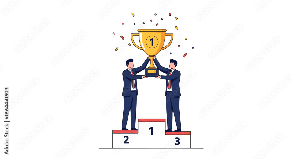 Obraz premium Successful business team celebrating first place victory holding a golden championship trophy together with confetti falling down on podium