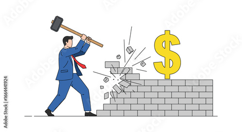 Businessman uses sledgehammer to break down wall revealing golden dollar sign symbolizing financial success achievement