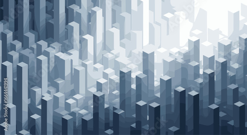 Abstract futuristic cityscape with geometric architectural structures and moody atmosphere