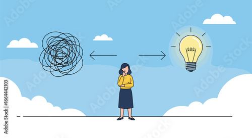 Person thinking through confusion to find clarity and innovative ideas symbolized by a bright lightbulb glowing in the sky above clouds