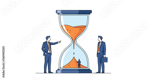 Two businessmen observe a massive hourglass symbolizing time passing and business management challenges