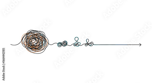 Creative fine art illustration depicting a tangled thread unraveling into a delicate pattern of tiny abstract shapes and a straight line extending to the right indicating precision and control