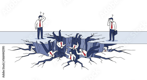 Employees falling into a dark chasm illustrating business challenges and workplace stress