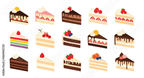 A delicious collection of pixelated dessert slices featuring a variety of frosted and fruity toppings