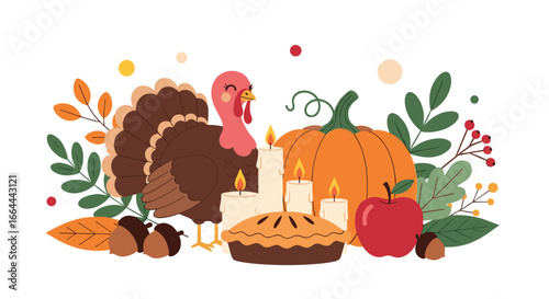 A festive thanksgiving scene featuring a happy turkey pumpkin pie autumn leaves and candles for a joyful celebration