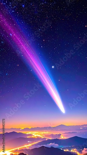 Comet Streaking Over City at Dusk