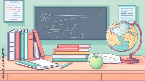 Classroom desk with books, globe, and apple
