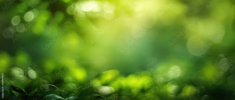 Obraz premium The green foliage bokeh background with soft sunlit glow and tranquil dreamy atmosphere