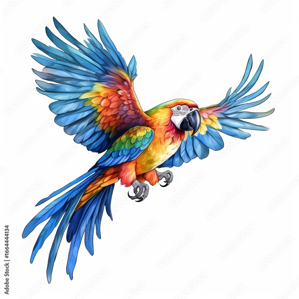 Fototapeta premium A beautiful digital illustration of a macaw in mid-flight, capturing its detailed, multi-colored plumage and powerful wings on a clean white background.